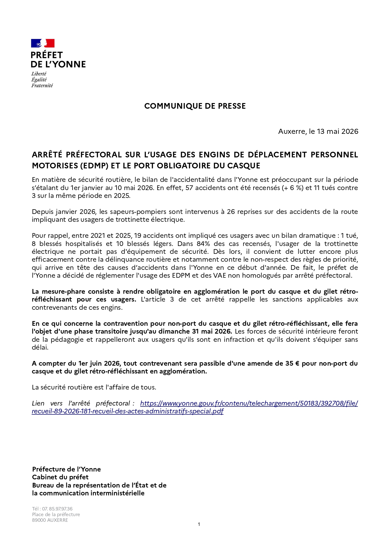 Communiqué arrêté prefectoral